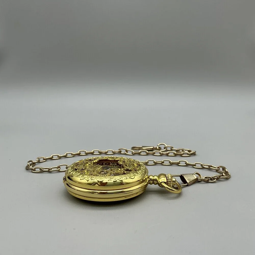 Steampunk Gear Pocket Watch Men 47mm Gold Tone Skeleton Half Hunter Manual